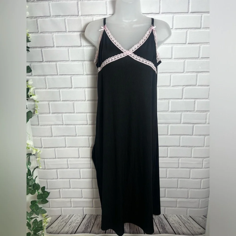 Spoiled Angel Y2K Inspired Black Ribbed Pink Lace Trim Cami Sleep Dress Nightgow